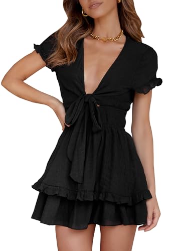 miduo Damen-Sommer-Minikleid mit V-Ausschnitt, gesmokte Taille, kurze Ärmel, Rüschen, A-Linie, kurzes Minikleid, Schwarz, XX-Large von miduo