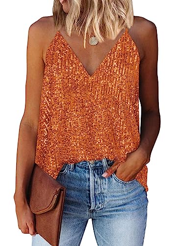 miduo Damen-Tanktop, lässig, modisch, V-Ausschnitt, Pailletten, glitzernd, schimmernd, ärmellos, Tank-Top, Orange/Abendrot im Zickzackmuster (Sunset Chevron), Klein von miduo