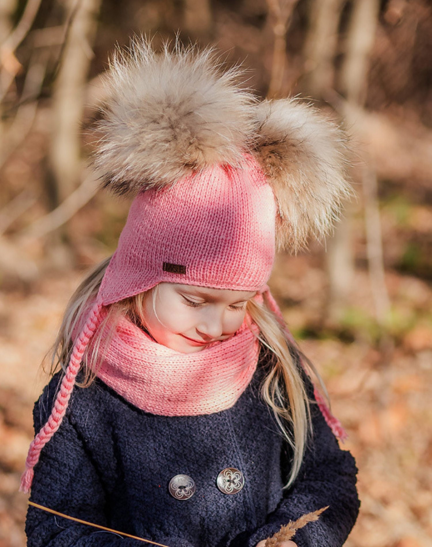 Handgestrickte Mütze Mit Baumwollfutter, Merino Wolle Chullo Für Kinder, Rosa Fell Pom Mütze, Ohrklappe Mütze, Gestrickte Kinder Wintermütze von mieliknitwear