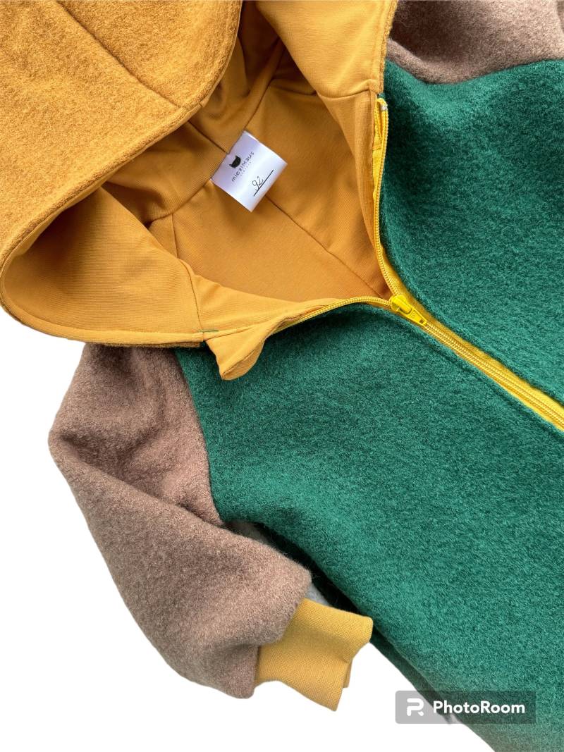 Wollwalk Overall Anzug Colorblock Grün Tanne Senf Ocker 92 von miezimaus