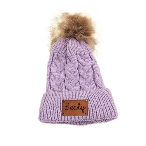 Personalisierte Strickmütze For Kinder, Individuelle Säuglingsmütze Mit Namen, Gemütliche Kopfbedeckung Mit Gesticktem Namen, Gestrickte Kindermütze, Lederpatch-Mütze For Baby, Kleinkind-Babymütze(Pur von miguha