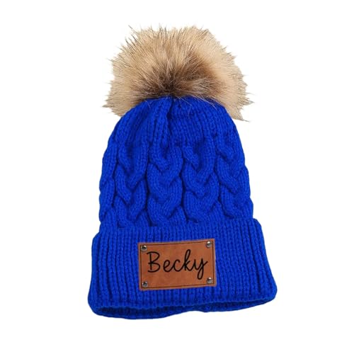 Personalisierte Strickmütze For Kinder, Individuelle Säuglingsmütze Mit Namen, Gemütliche Kopfbedeckung Mit Gesticktem Namen, Gestrickte Kindermütze, Lederpatch-Mütze For Baby, Kleinkind-Babymütze(Blu von miguha