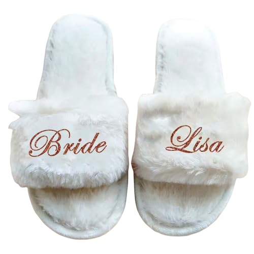 miguha Personalisierte Hochzeit Hausschuhe Mit Jedem Text/Namen, Benutzerdefinierte Hochzeit Brautschuhe, Brautjungfer Hausschuhe, Niedlich Flauschige Hausschuhe Für Frauen, Brautparty Hausschuhe von miguha