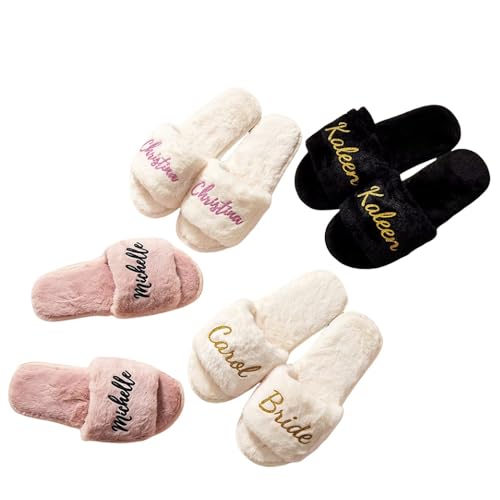 miguha Personalisierte Hochzeit Hausschuhe Mit Jedem Text/Namen, Benutzerdefinierte Hochzeit Brautschuhe, Brautjungfer Hausschuhe, Niedlich Flauschige Hausschuhe Für Frauen, Brautparty Hausschuhe von miguha