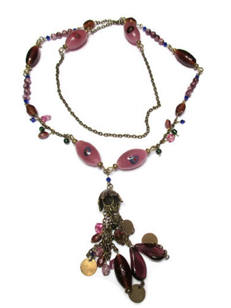 Boho Lila Perlenkette Lampwork Glas & Bronze Kette von mihacreation