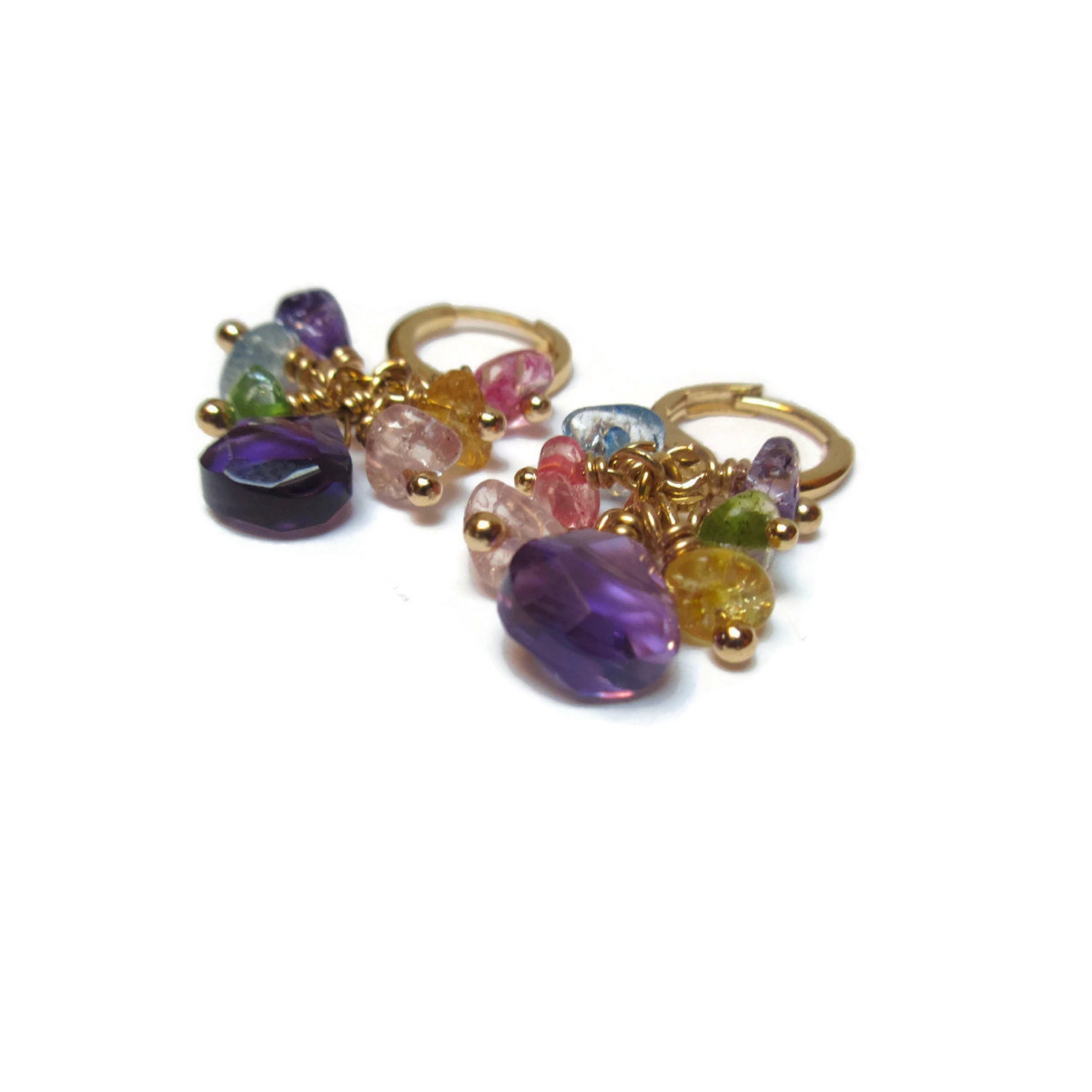 Bunte Edelstein Ohrringe 14K Vergoldete Brisur, Lila Quarz Bunte Edelstein Ohrringe 14K Vergoldete Brisur, Lila Quarz von mihacreation