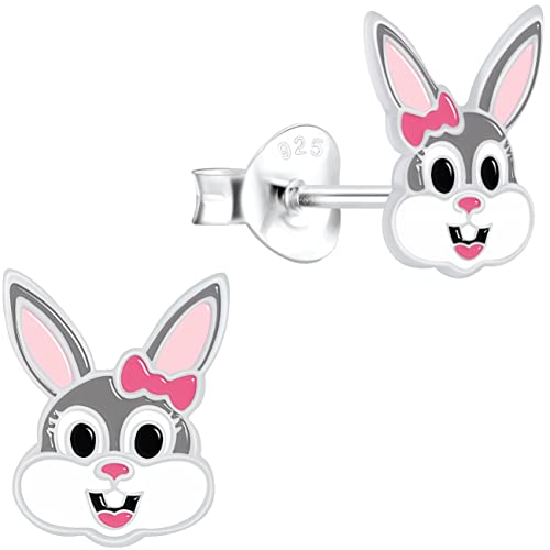 miimago Hasen Kinderohrringe Silber 925 Mädchen Ohrstecker - Häschen Ohrringe für Kinder - 8 mm grau weiß von miimago