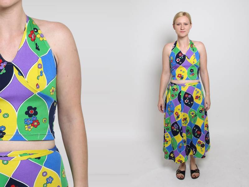 10S Floral Badeanzug Set Vintage 1970Er Jahre Neckholder Top + Rock Psychedelic Babydoll Hippie Seventies M L von mijumaju