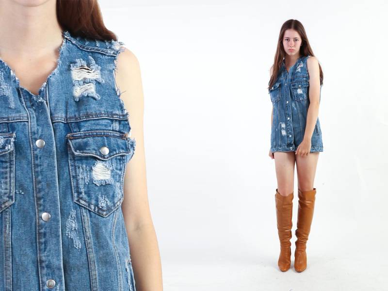 Denim Weste 90Er Jahre Vintage Jeanshemd 1990Er Ärmellose Jeansjacke Boho Biker Top Ripped Grunge Männer Button Up Shirt S M von mijumaju