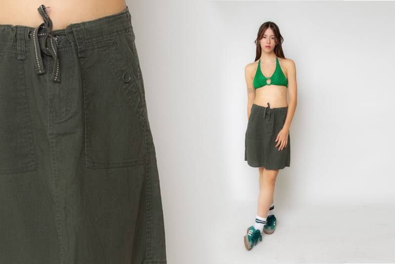Rock Vintage 90Er Jahre A Linen Olive Baumwolle 1990Er Minirock Sportlich Linen Y2K Streetwear High Waist Drawstring 00S Mini Medium L von mijumaju