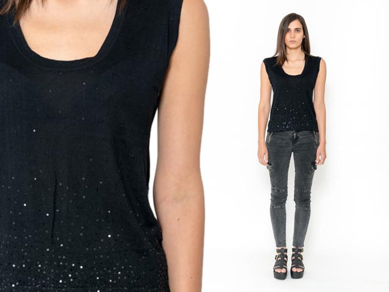 Y2K Cerruti T Shirt Eng Top Vintage 90Er Schwarz Seide Pailletten 1990Er Baby Designer Glanz Glam Ärmellos Goth Retro Party M L von mijumaju