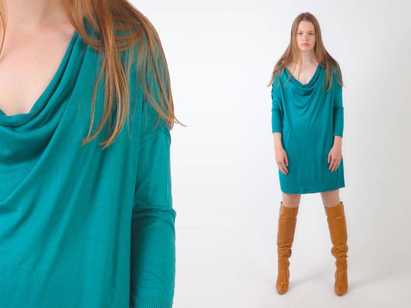 Y2K Türkises Pullover Kleid Vintage 90Er Jahre Off Shoulder Strick Minikleid Slouchy 1990Er Boho Hippie Oversized 80Er Pulloverkleid L Xl von mijumaju