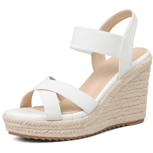 Mikarka Damen Offene Zehenpartie Espadrilles Keilsandalen Slip On Elastische Knöchelriemen Plateau Sandalen Elegant Bequem, Weiß, 38 EU von mikarka