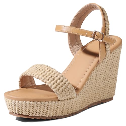mikarka Damen Espadrille Keilsandalen Knöchelriemen Plateau Offene Zehen Wedges Stilvolle High Heel Dressy Sommer Wedges für Frauen Inspiriert von Espadrilles, Brauner Bast/10,2 cm Sommerkeile, 40 EU mikarka Damen Espadrille Keilsandalen Knöchelriemen Plateau Offene Zehen Wedges Stilvolle High Heel Dressy Sommer Wedges für Frauen Inspiriert von Espadrilles, Brauner Bast/10,2 cm Sommerkeile, 40 EU von mikarka