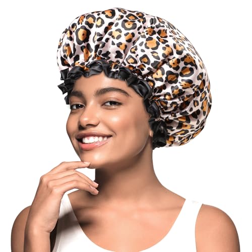 mikimini Duschhaube für Damen, Modische Leoparden-Muster, Wasserdicht und Wiederverwendbar, Badehaube für kurzes bis mittellanges Haar sowie Zöpfe von mikimini