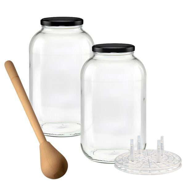 mikken Fermentier Starter Set - XXL Gläser 4,25 Liter mit Fermentier Gitter, Holzstampfer und Deckel von mikken