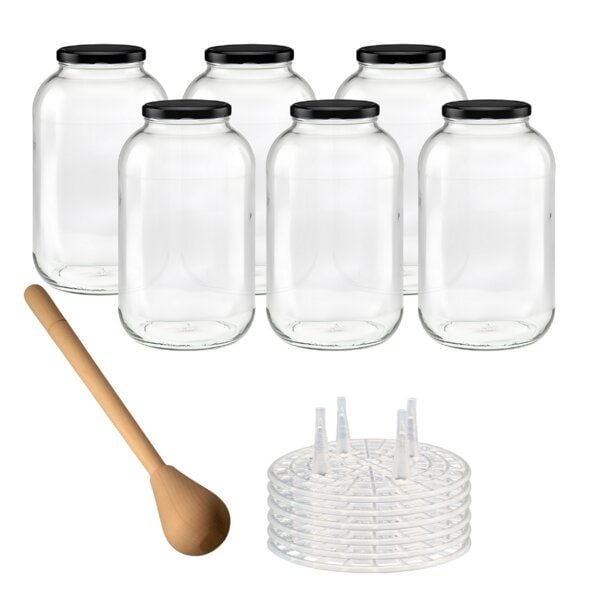 mikken Fermentier Starter Set - XXL Gläser 4,25 Liter mit Fermentier Gitter, Holzstampfer und Deckel von mikken