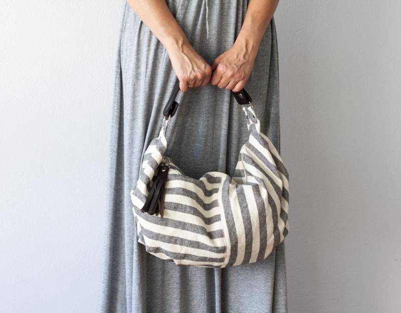 Hobo Bag Aus Gestreiftem Canvas Und Leder, Boho Stil Handtasche Baumwolle Sommer Geldbörse Geschenk Für Sie - Mini Kallia Tasche von milloo
