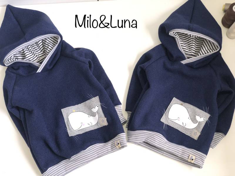 Cooler Pullover Hoodie Walk Wolle Wollwalk Dunkelblau Marine Jungs Streifen Wal Bild Patch Plott von miloundluna