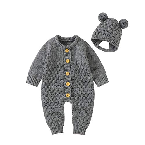 mimixiong Neugeborenes Baby Strampler Strickpullover Jumpsuit Mädchen Jungen Langarm Outfits mit Warmer Mütze (0-3 Monate, Grau) von mimixiong