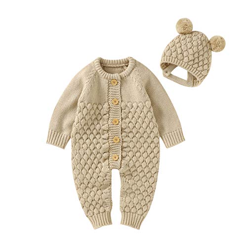 mimixiong Neugeborenes Baby Strampler Strickpullover Jumpsuit Mädchen Jungen Langarm Outfits mit Warmer Mütze (0-3 Monate, Mika) von mimixiong