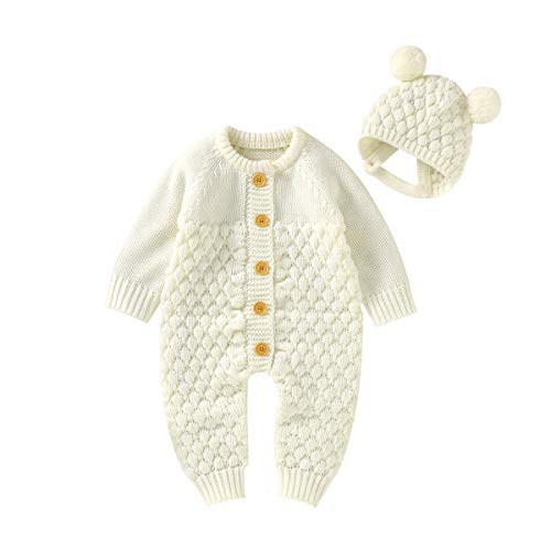 mimixiong Neugeborenes Baby Strampler Strickpullover Jumpsuit Mädchen Jungen Langarm Outfits mit Warmer Mütze (3-6 Monate, Elfenbein) von mimixiong