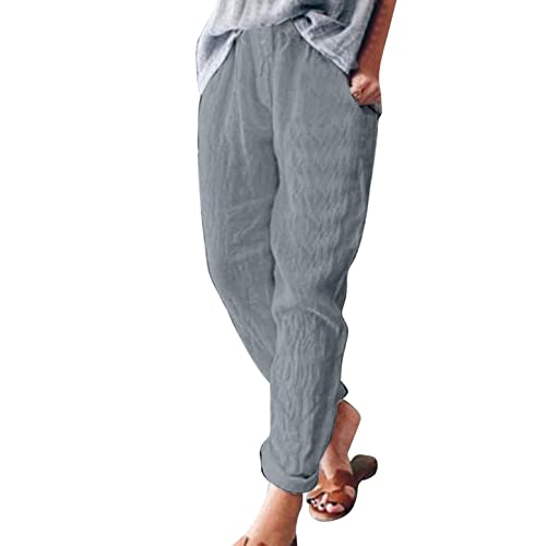 Damen Leinenhose Capri Pants Freizeithose Freizeithose Sommer Leinen Hosen Lose Weites Bein Hose Baumwolle Sommerhosen High Waist mit Taschen Yogahose Haremshose Frauen Hosen Jogginghose Strandhose von min-bmao