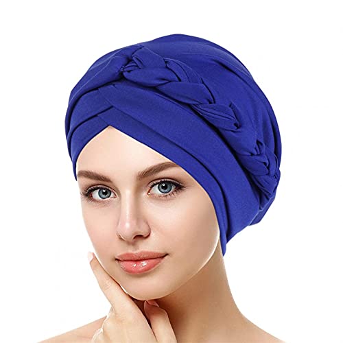 min-bmao Afrikanischen Turban für Damen Soft Vorgebunden Knot Mode Plissee Hut Mütze Kopfwickel Schlafmütze Langes Haar Schal Kopftuch Weiche Stirnband Schals Gap, Blau, Einheitsgröße von min-bmao