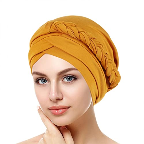 min-bmao Afrikanischen Turban für Damen Soft Vorgebunden Knot Mode Plissee Hut Mütze Kopfwickel Schlafmütze Langes Haar Schal Kopftuch Weiche Stirnband Schals Gap, Gelb, Einheitsgröße von min-bmao