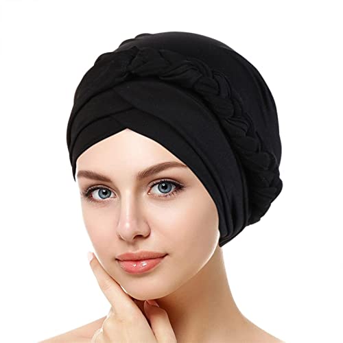 min-bmao Afrikanischen Turban für Damen Soft Vorgebunden Knot Mode Plissee Hut Mütze Kopfwickel Schlafmütze Langes Haar Schal Kopftuch Weiche Stirnband Schals Gap, Schwars, Einheitsgröße von min-bmao