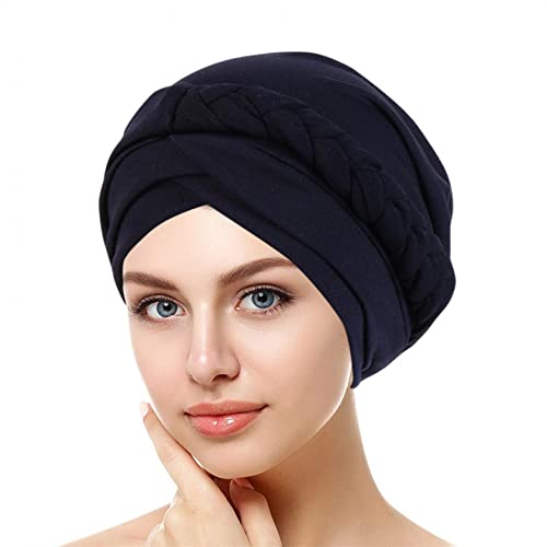 min-bmao Afrikanischen Turban für Damen Soft Vorgebunden Knot Mode Plissee Hut Mütze Kopfwickel Schlafmütze Muslimische Kopftuch Haarverlust Cancer, Marine, Einheitsgröße von min-bmao
