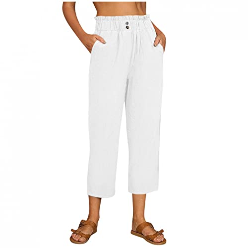 min-bmao Damen Leinenhose 7/8 Lang Leicht Leinen Hose hose Loose Fit Sommerhose Stoffhose Frauen Elastische Taille Bequem Haremshose Schlupfhose Strandhose Große Größen Aladinhose Yogahose, Weiß, XXL von min-bmao