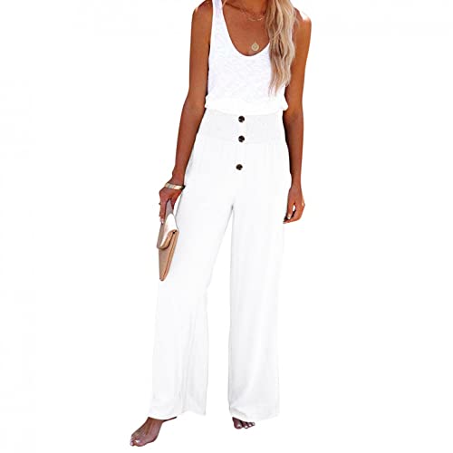 min-bmao Damen Leinenhose Elastische Taille Weite Beine Hose Schlupfhose Haremshose Sommer Freizeithose Strandhose Frauen Einfarbig Leicht Baumwollhose Stoffhose Sommerhose mit Taschen, Weiß, M von min-bmao