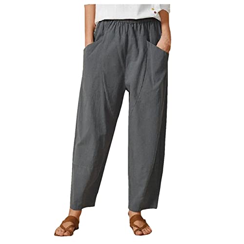 min-bmao Hosen Damen Stretch Leinenhose Leicht Atmungsaktiv Sommerhose Große Größe Jogginghose Sweathose 7/8 Stoffhose Haremshose Bund Caprihose Strandhose Frauen Yogahose Weitem Bein, Graun, L von min-bmao