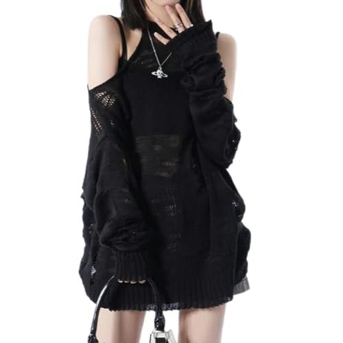 Gothic Black Torn Mesh Pullover Damen Harajuku Strickpullover Off-Shoulder Strickwaren Korean Fashion Goth Y2k Streetwear-Schwarz-M von mingxinshangdian