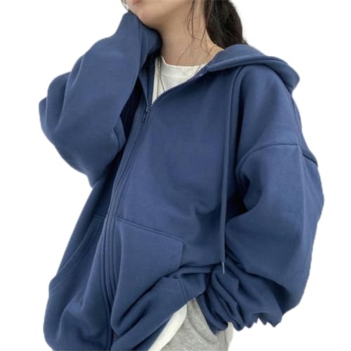 Harajuku Damen Sweatshirts, koreanische Version, übergroß, solide Kapuzenjacke mit Reißverschluss, Retro-Langarm-Fleece-Kapuzen-Sweatshirt-Mäntel, EA00513, Blau, M von mingxinshangdian
