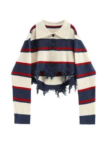 Herbst Winter Frau Koreanische Mode Baddie Stil Langarm Streetwear Pullover Strickwaren Polokragen Kurze Pullover Vintage Chic-Blau-L von mingxinshangdian