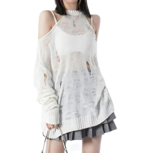 mingxinshangdian Gothic Black Torn Mesh Pullover Damen Harajuku Strickpullover Off-Shoulder Strickwaren Koreanische Mode Goth Y2k Streetwear-Weiß-S von mingxinshangdian