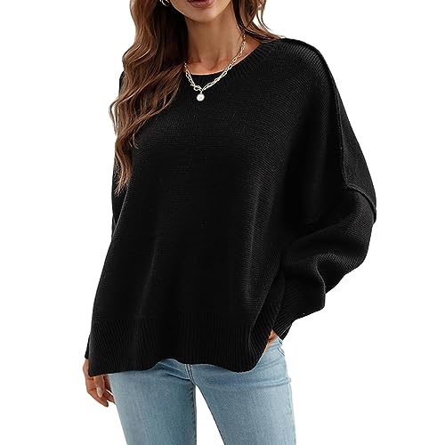 mingxinshangdian Mode Langarm Rundhals Strickpullover Lose Pullover Pullover Elegante Frauen Einfarbig Schlitzsaum Pullover Strickwaren-Schwarz-XL von mingxinshangdian