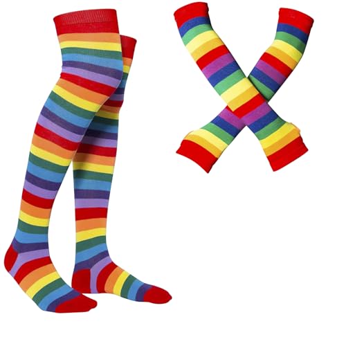 mini kitty Regenbogen-Streifen Armwärmer Bein-Strumpf Bunte Oberschenkel Hohe Kniestrümpfe Fingerlose (Roter Streifen, Erwachsene, Damen, Einheitsgröße, Alphanumerisch, EU Schuhgrößensystem, M) von mini kitty