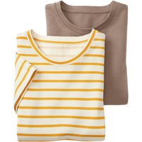 2er-Set Kurzarmshirt, nougat/gelb-geringelt von Waschbär