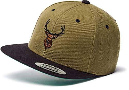 Cap Flexfit Snapback : Hirsch-Kopf - Outdoor Cap - Cappi für Naturliebhaber Herren & Damen Baseball Cap Kappe Mütze Outdoor Jäger Jagd Ausrüstung Wander Zubehör (Olive/Black) von minifan