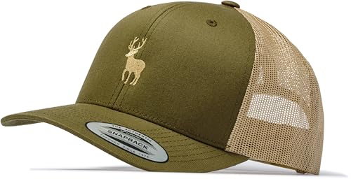 Trucker Cap Flexfit Snapback : Hirschbock - Jäger-Hut Outdoor Cap - Cappi Geschenk für Jäger Natur Baseball Cap Kappe Mütze Outdoor Kletter Ausrüstung Wander Zubehör (Mossgreen/Khaki) von minifan