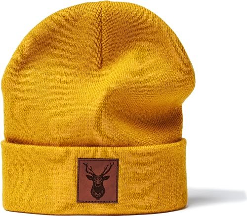 minifan Outdoor Strickmütze: Hirsch Leder Emblem - Mütze für Jäger Jagd Jäger-Mütze Wintermütze Beanie Mütze Damen & Herren Förster Outdoor Mütze Männer Geschenk (Mustard) von minifan