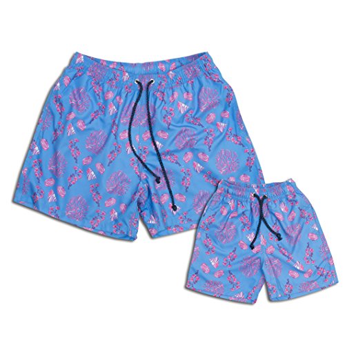 miniloo Badeshorts Partnerlook Papa und Sohn 104-110 Koralle blau - Hochwertiges Set Badehose Vater Sohn 3-4 Jahre - Badeshorts für Vater und Sohn - Shorts mit Mesh Futter von miniloo