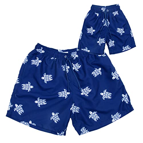 miniloo Badeshorts Partnerlook Papa und Sohn 128-134 Schildkröte blau - Hochwertiges Set Badehose Vater Sohn 7-8 Jahre - Badeshorts für Vater und Sohn von miniloo