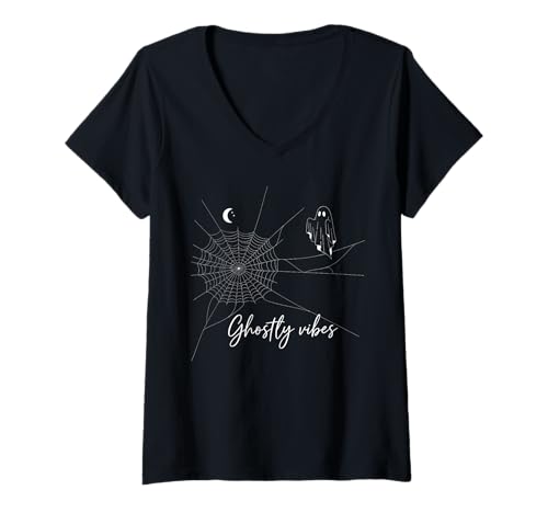 Damen Ghostly Vibes Web Minimale Linienkunst T-Shirt mit V-Ausschnitt Damen Ghostly Vibes Web Minimale Linienkunst T-Shirt mit V-Ausschnitt von minimal spider web ghost line art black haunted