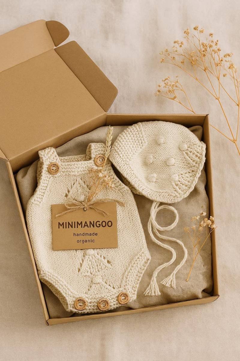 Handgefertigtes Baby-Strampler-Set Aus 100 % Gots Bio-Baumwolle - Strampler & Bommel-Mütze Neugeborenen Geschenk von minimangoo