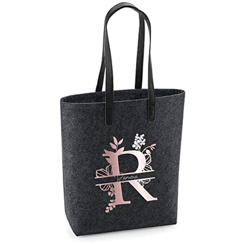 Filztasche Damen-Shopper mit Motivdruck | Bedruckt und Personalisiert mit Floralem Monogramm Blumen Name | Einkaufstasche Geschenk (Dunkelgrau) von minimutz