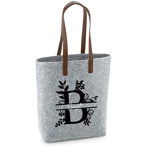 Filztasche Damen-Shopper mit Motivdruck | Bedruckt und Personalisiert mit Floralem Monogramm Blumen Name | Einkaufstasche Geschenk (Hellgrau) von minimutz